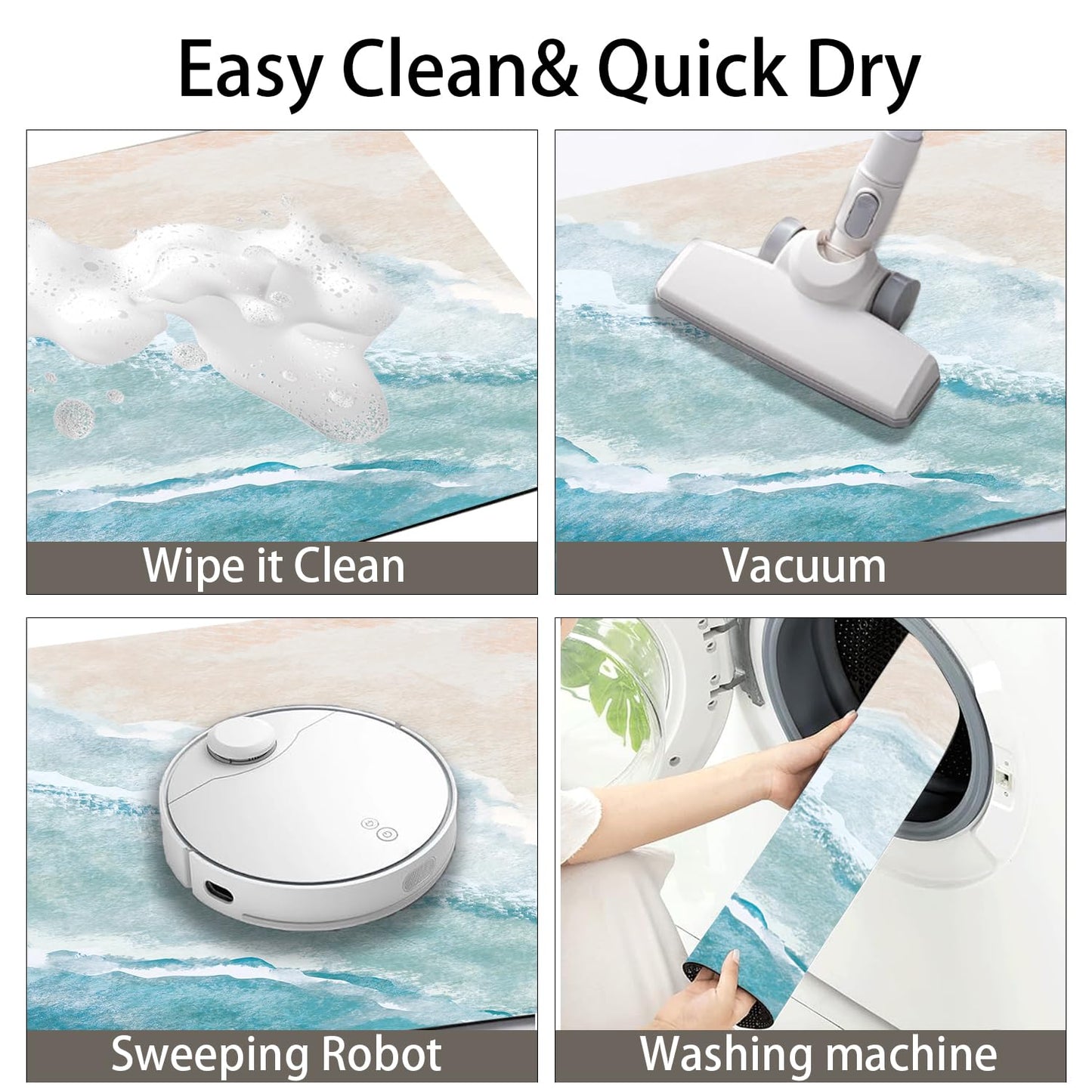 Coastal Beach Bathroom Mat Quick-Drying Non-Slip Rubber Bath Mats Super Absorbent Sand Wave Blue Teal Bath Mat Instant Dry Bathroom Rug in Front of The Kitchen Sink, Shower Room, Bathtub,16"x24"