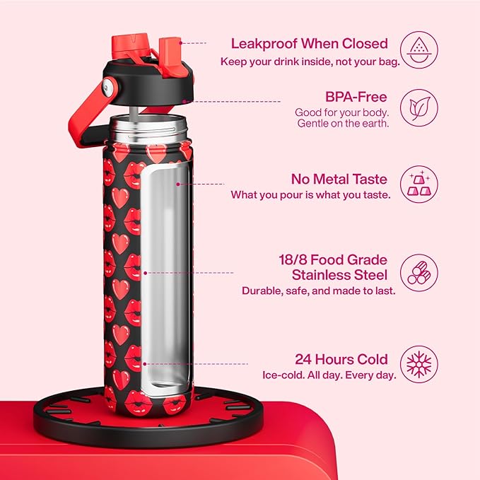 ENCOOL Valentine's Day Insulated Water Bottle with Straw Stainless Steel Water Bottle, Leak-Proof, BPA-Free, Keeps Cold for 24 Hours for Sports, Travel, School (26 oz, Kiss Hearts Red x Black)