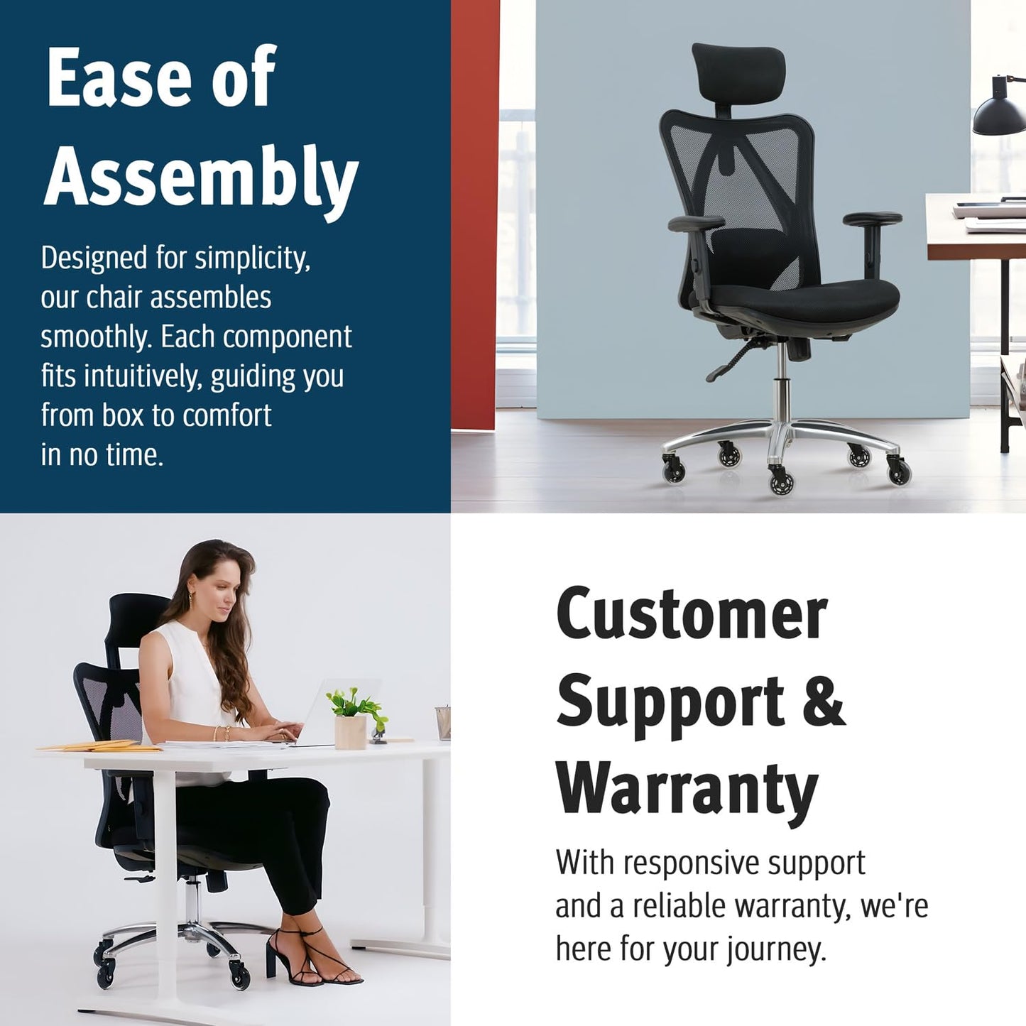 Duramont Ergonomic Office Chair with Rollerblade Wheels - High Back Breathable Mesh Desk Chair, 4D Lumbar Support, Memory Foam Seat, Adjustable Headrest and Armrests, Reclines, Black