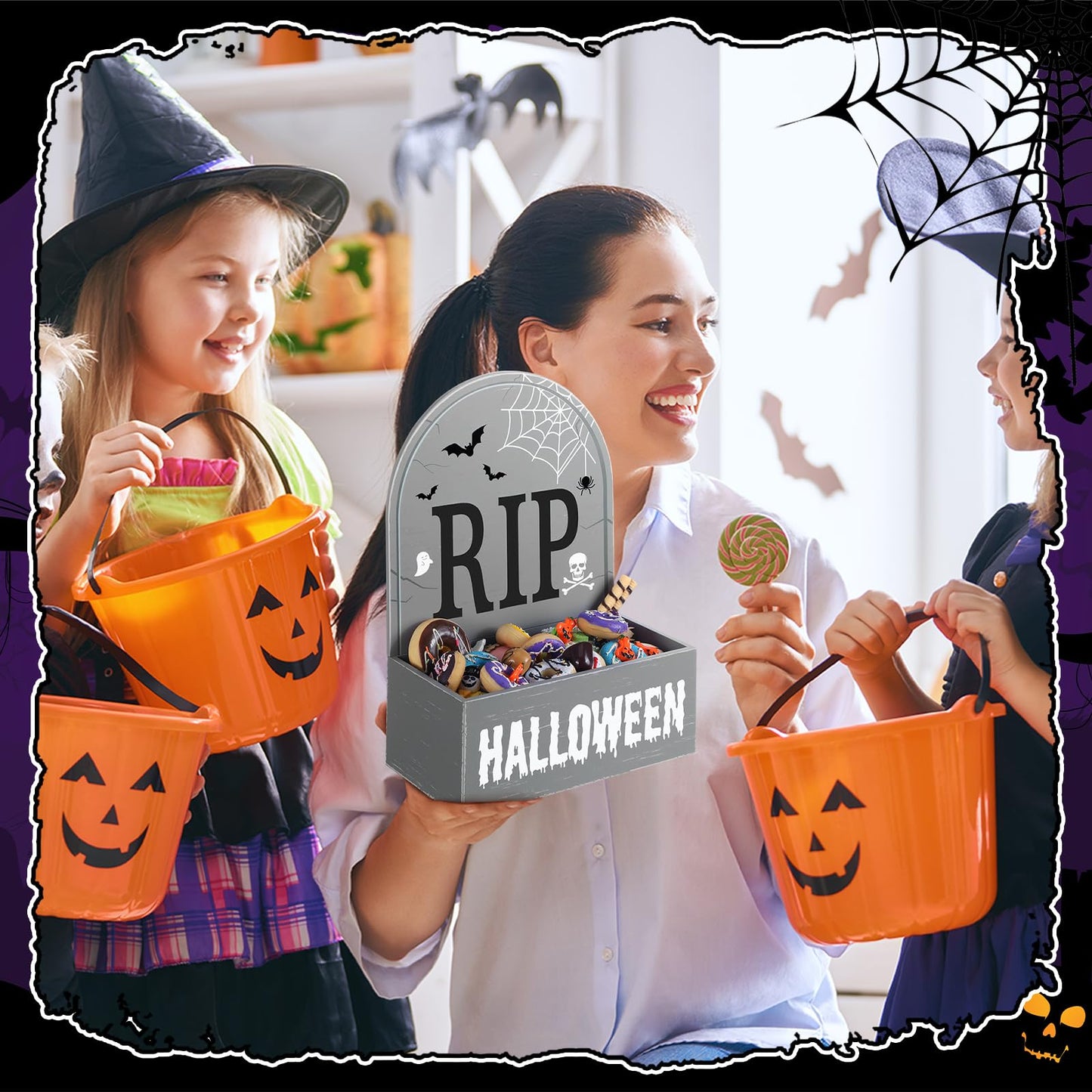 Sintuff Halloween Candy Bowl Wooden Funny Candy Dish Trick or Treat Large Halloween Serving Dish Holders Wood Serving Bowl Tableware for Table Desk Haunted House Decoration (Gravestone Rip)