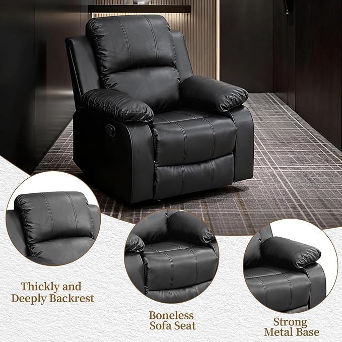 Saxum Tegmen Living Room Furniture Sets, Sectional Leather Sofa Set, Adjustable Recliner Chair with Manual Button for Living Room/Office (Chair, Black Leather)