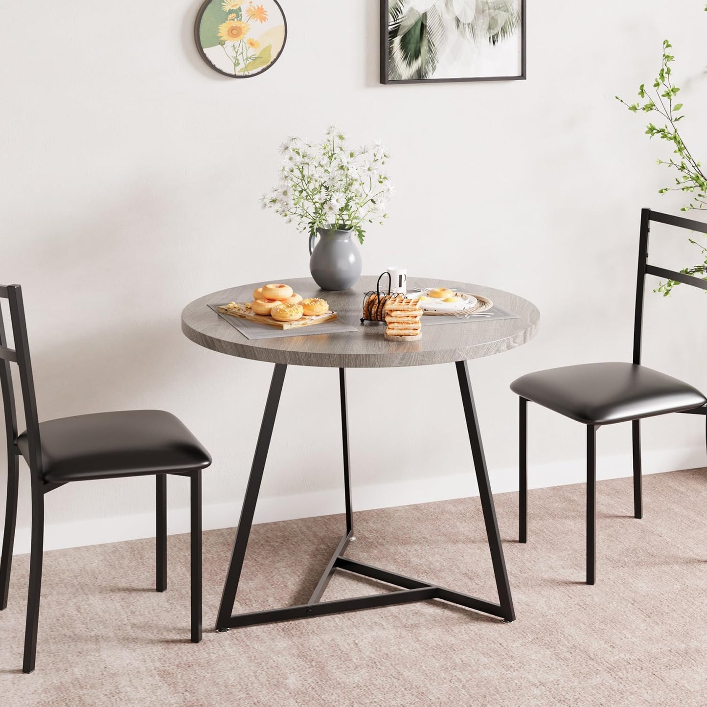 SunnyFurn Dining Table Set for 2,Kitchen Table with 2 Upholstered Chairs, Round Kitchen Table Set for Apartment,Breakfast Nook, Dining Room, and Small Space