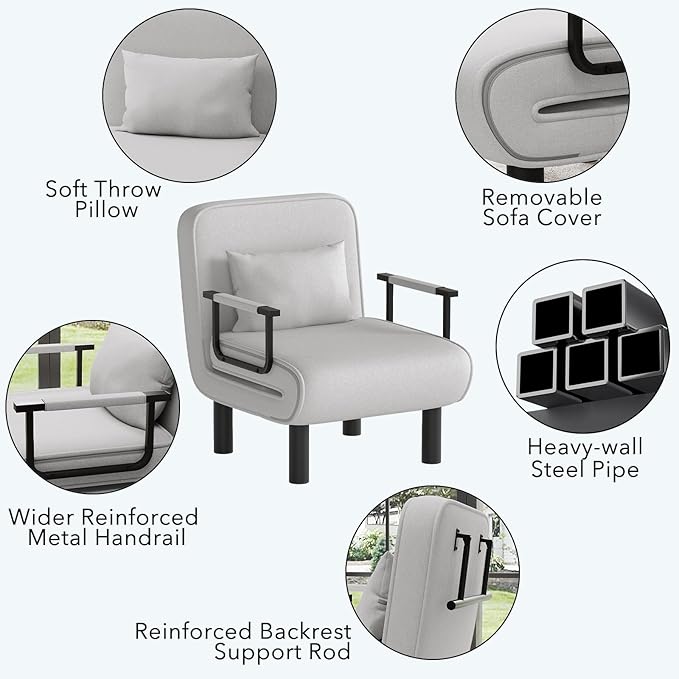 Furniliving 4 in 1 Folding Sofa Bed Chair, Convertible Sleeper Chair Bed with 6-Position Adjustable Backrest, Upholstered Chaise Lounge with Pillow, Accent Chairs for Bedroom, Linen, LightGrey, 2