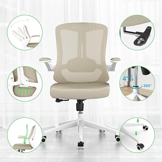 balmstar Office Chair, Ergonomic Comfort Home Desk Chair, Mid Back Gaming Chair with Wheels, Adjustable Height, Lumbar Support, Flip-up Armrest with 350LBS Capacity