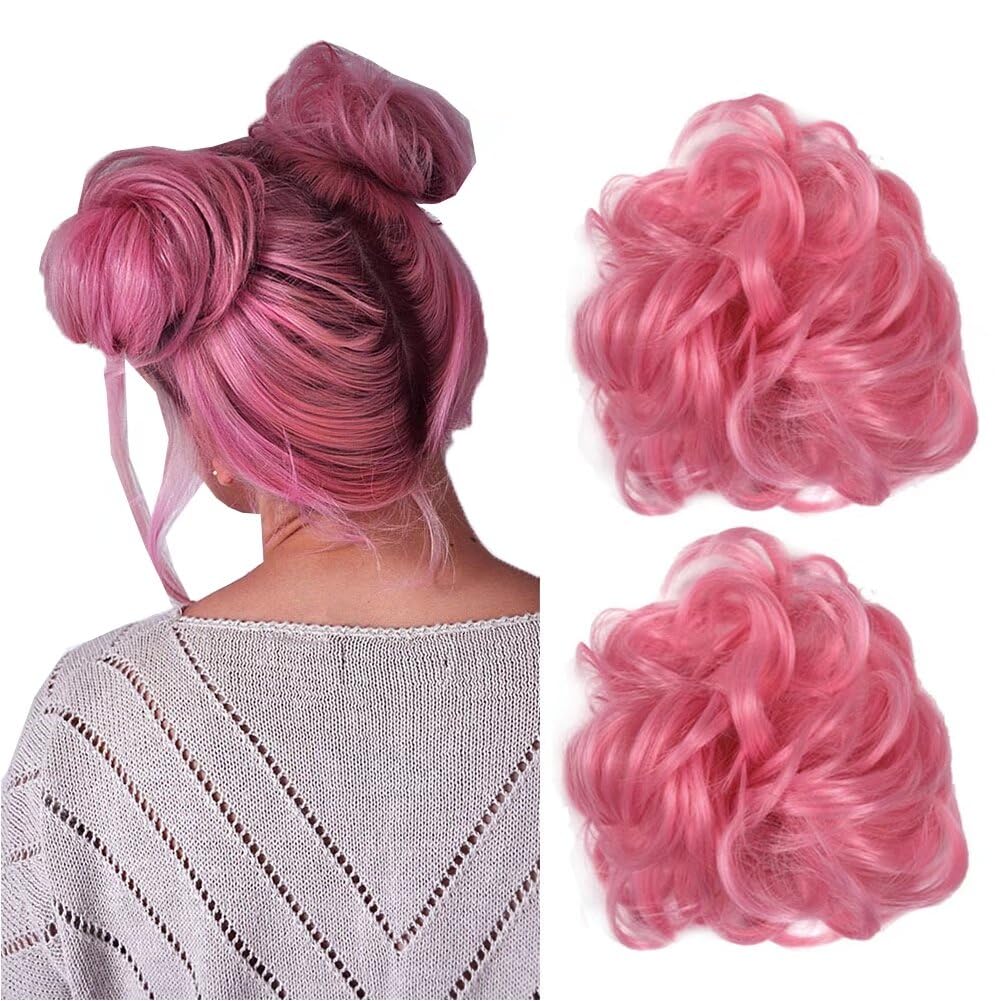 iLUU Pink Hair Bun Extensions Hairpiece Wavy Curly Messy Donut Chignons Hair Piece Wig Hairpiece Wig Hair Buns for Girl Women La