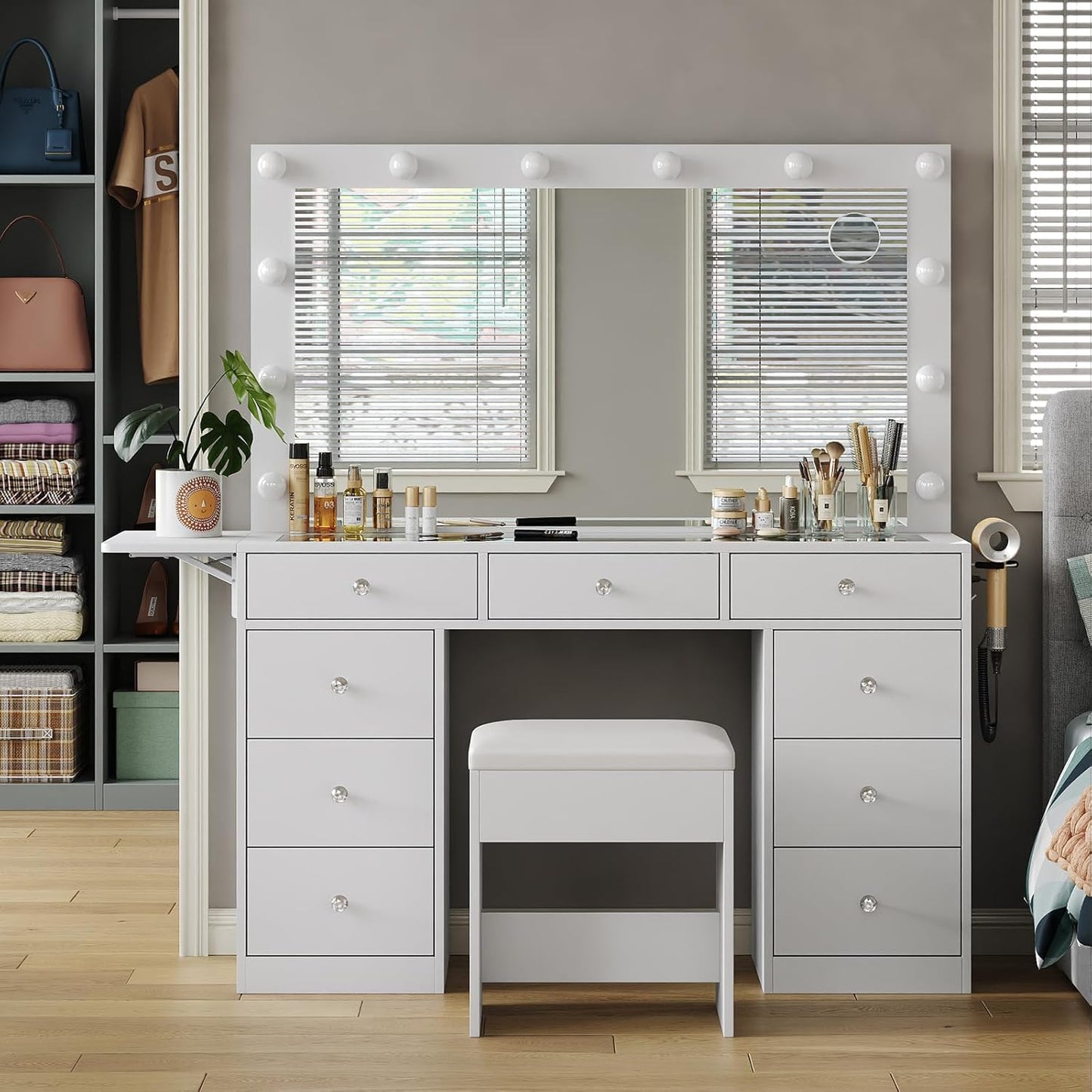 Vanity Desk with Power Outlet, 9 Drawers Makeup Vanity with Mirror and 12 LED Lights, 3 Lighting Modes, Glass Top Vanity Set, Fold-up Panel, Dressing Table for Bedroom