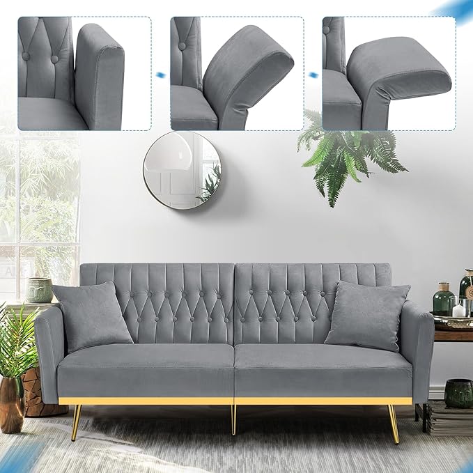 ACMEASE 70” Velvet Futon Sofa Bed with 2 Pillows and Adjustable Armrests, Convertible Sleeper Bed W/Adjustable Backrests, Modern Loveseat for Living Room, Bedroom, Light Grey