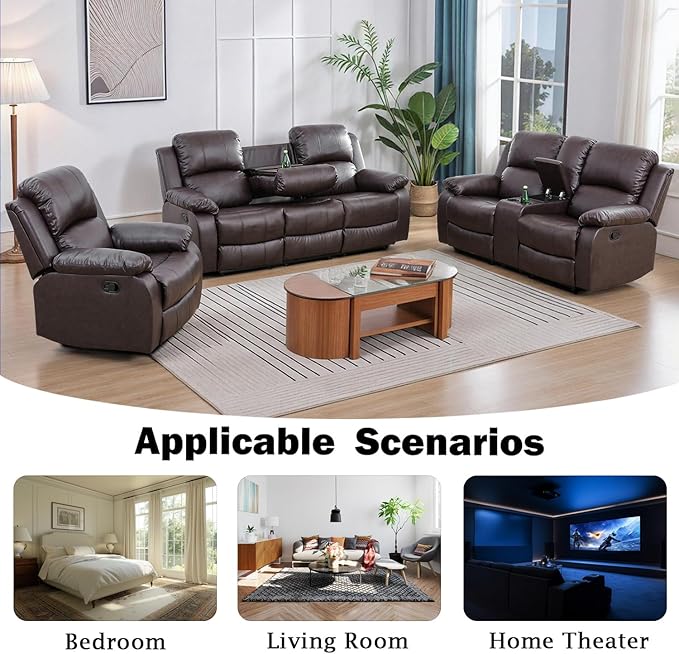 Caberryne Leather Recliner Sofa Set，Leather Reclining Couch for Living Room Furniture Sets，Brown Recliner Couch with 5 Recliners for Living Room/Office/Theater Seating(Sofa Set 3 Pieces)