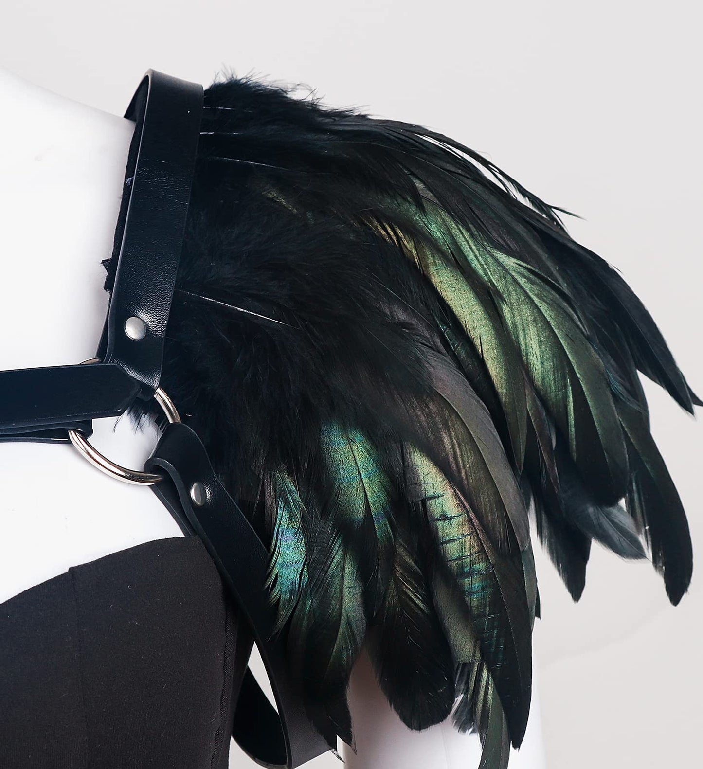 Joukavor Medieval Natural Feather Epaulet Shrug Shoulder Strap with PU Leather Halloween Harness Costume for Women(Black-1)