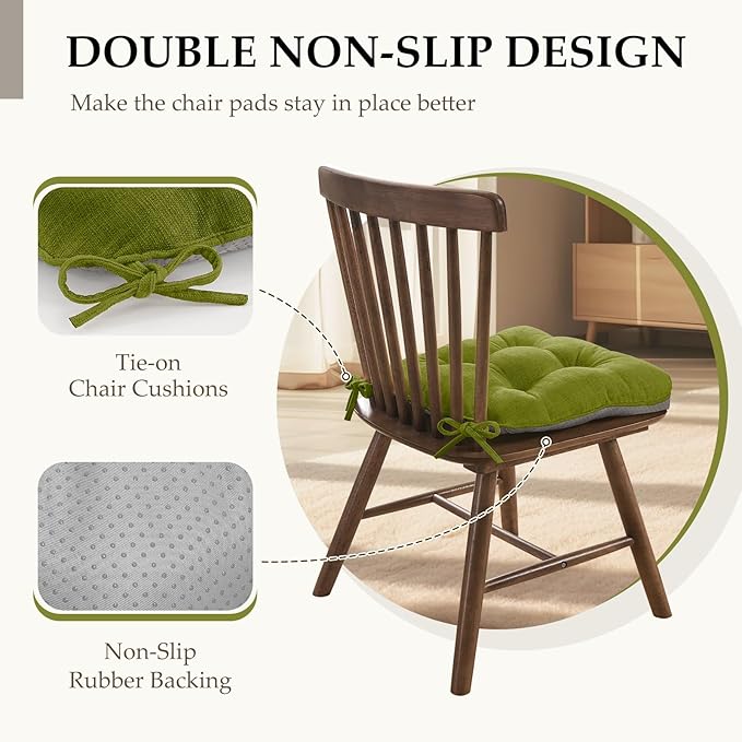 HARBOREST Chair Cushions for Dining Chairs Set of 4 - Chenille Tufted Kitchen Chair Cushions with Ties and Non-Slip Bottom, Foam Chair Pads for Dining Chairs, 17" x 17", Green