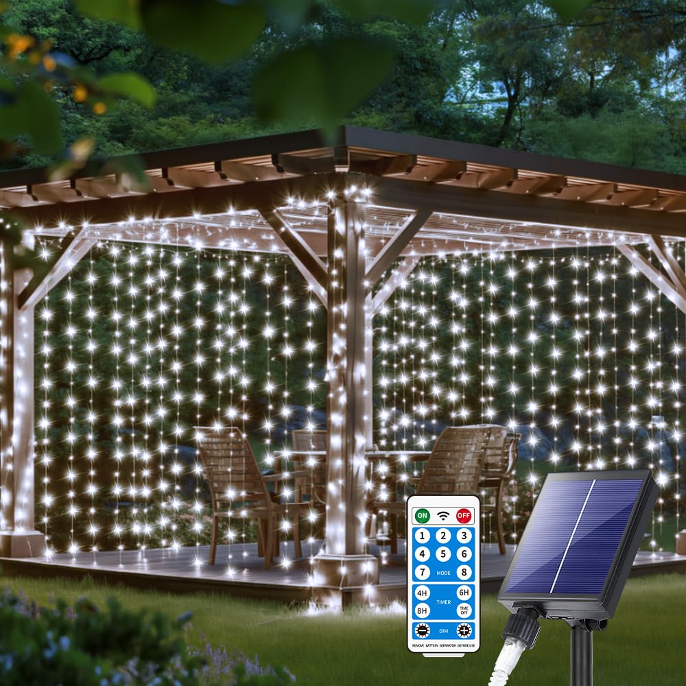 Solar Curtain Lights 10*10Ft 300LED Waterproof Waterfall Light with 8 Modes Remote Type C Charging Dimmable Timer Twinkle Fairy String Lights for Outdoor Christmas Gazebo Wedding Party Pergola Patio