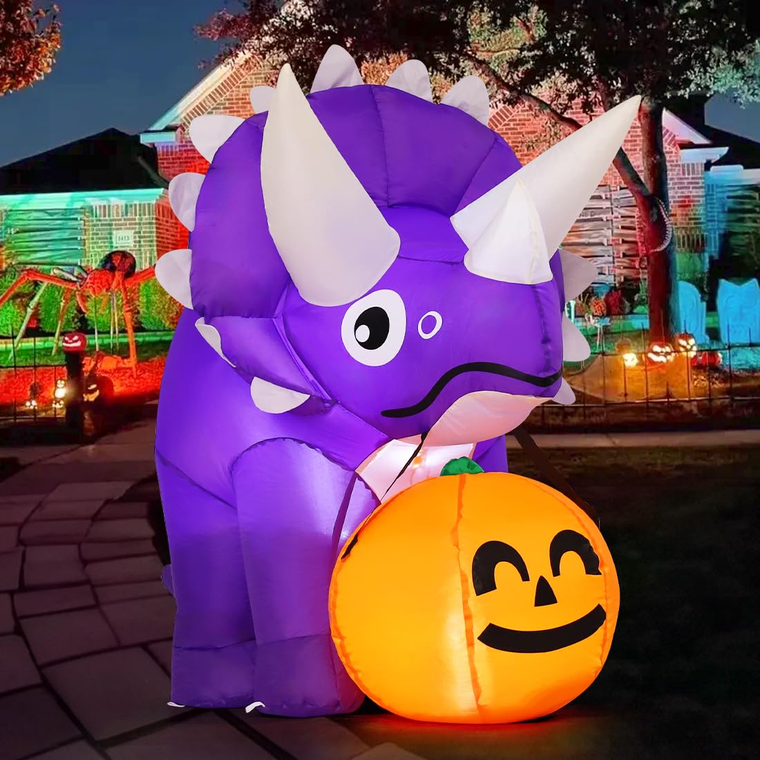 GOOSH 5 FT Width Halloween Inflatables Dinosaur Outdoor Decorations Blow Up Yard Dinosaur with Pumpkin with Built-in LEDs for Garden Lawn Indoor Party Decor