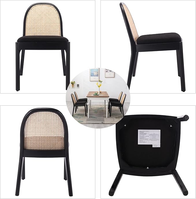 DUOMAY Mid-Century Modern Rattan Dining Chairs Set of 4, Wooden Dining Room Chair with Cane Backrest and Padded Seat, Black Sherpa Upholstered Dining Chair, Black Finish