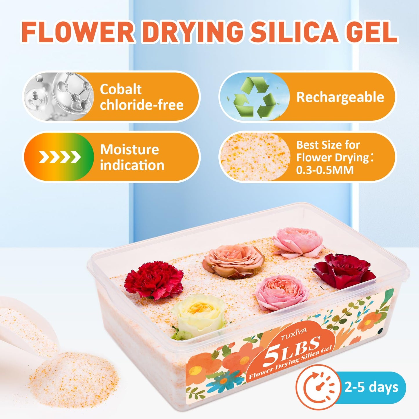 TUXIYA 10LBS Silica Gel Flower Drying,Reusable Flower Drying Silica Gel Crystals with 2PCS 6L Airtight Containers, Color Indicating Flower Preservation Kit for Drying Flowers Bead Size<1mm