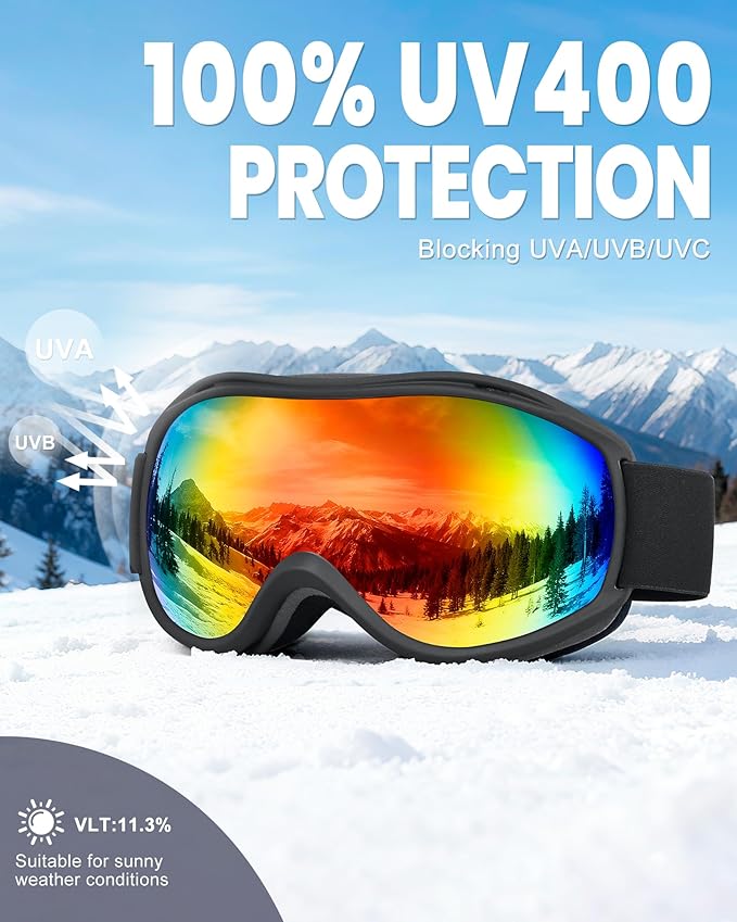 AVV Ski Goggles UV Protection, Anti-Fog Snowboard Snow Goggles OTG for Men Women Adults & Youths
