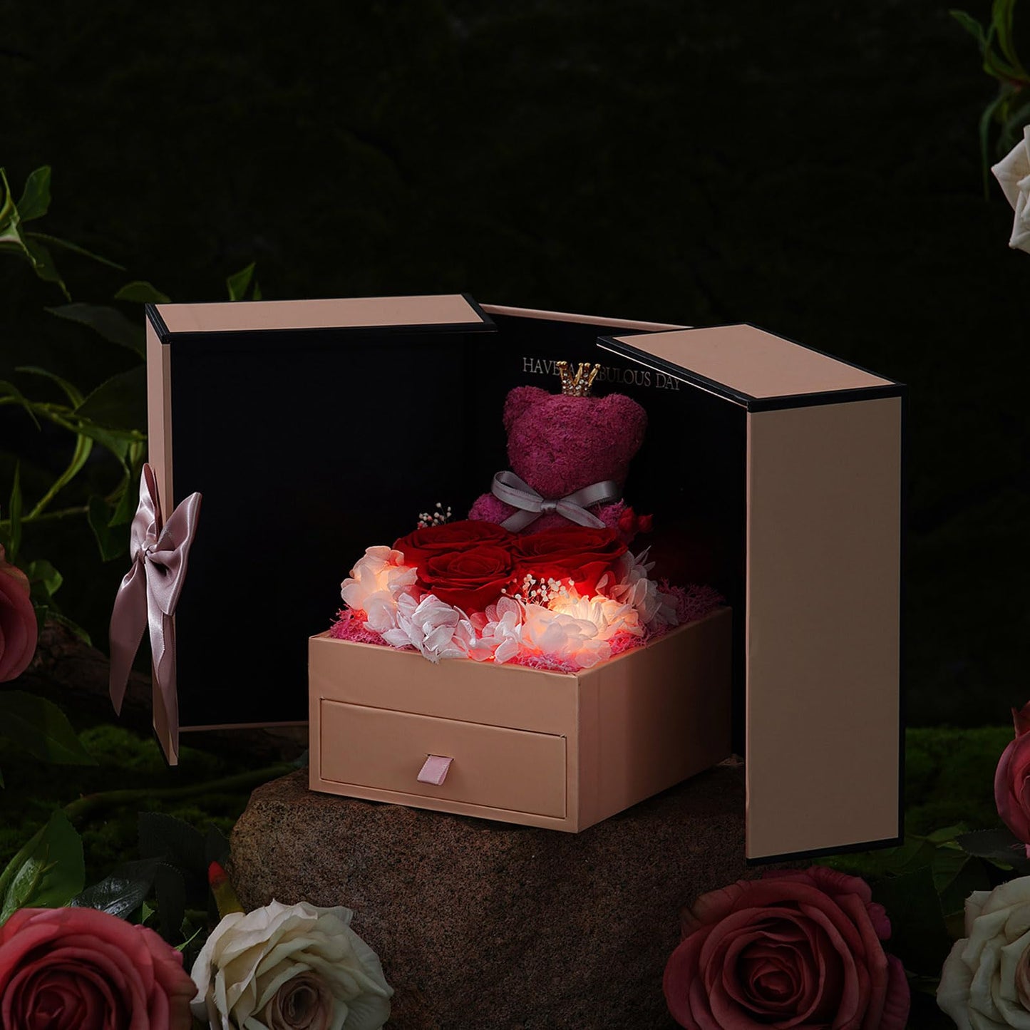 ADDWel Mom Birthday Gifts from Daughter or Son – Preserved Real Rose with Mom Necklace and Cute Moss Bear – Unique Rose Gifts for Women, Perfect for Mum, Mama, Mother on Birthday or Mother's Day