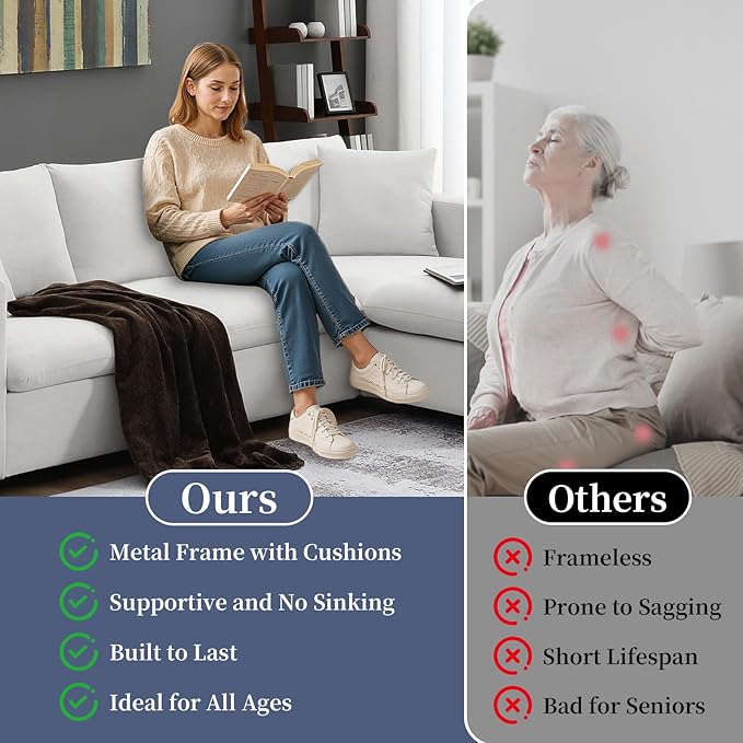 KIVENJAJA White Cloud Couch for Living Room Apartment Small Spaces, Linen L Shaped Modular Sectional Sofa with Convertible Ottoman Chaise, Modern Minimalist, Metal Frame, 100.4" W 3 Seater