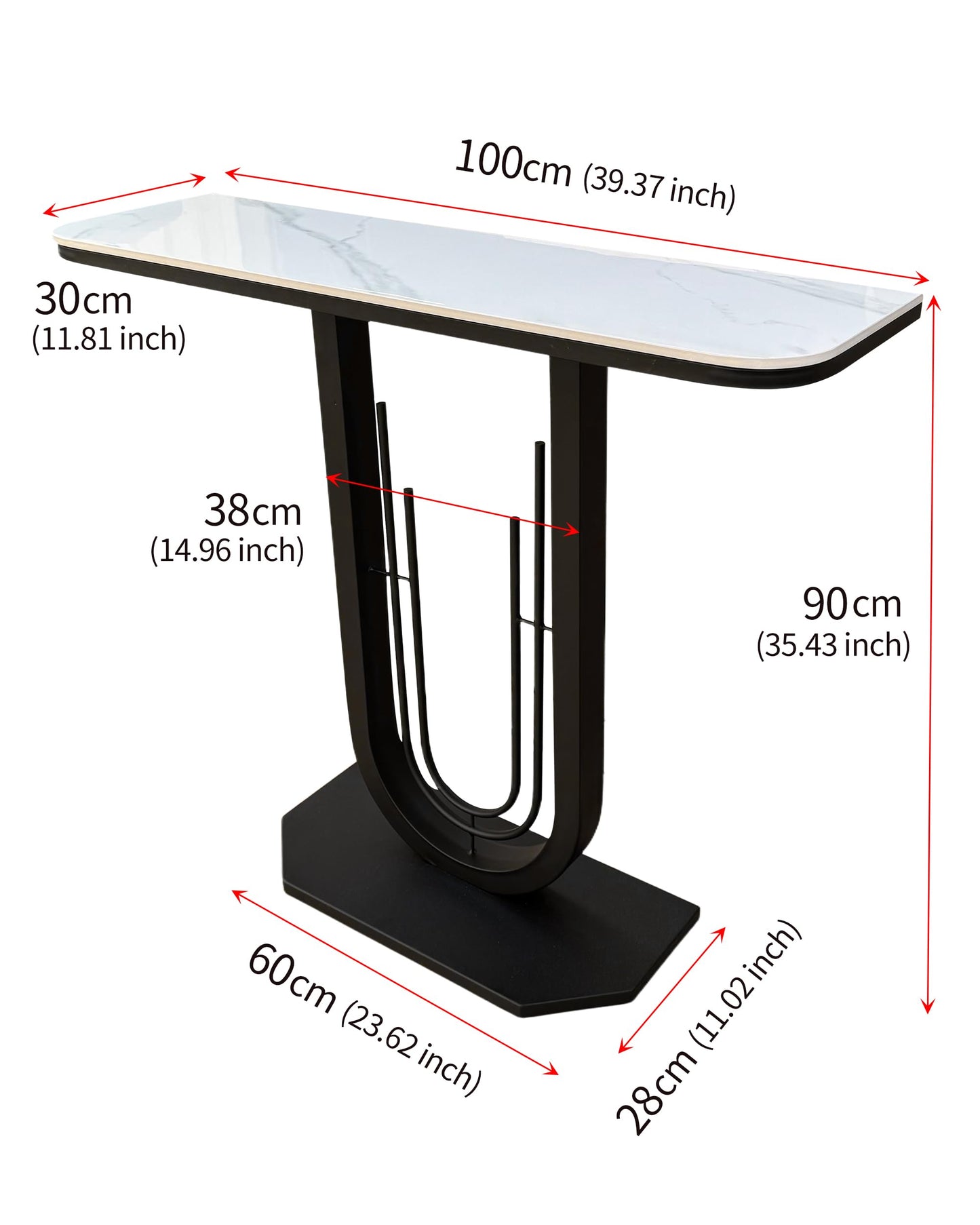 39.37'' Rectangle Narrow Console Table with Marble Top, Elegant Sofa Table Modern Entryway Tables, Round-Shaped Metal Frame, for Entry, Behind Sofa Couch, Entrance, White & Black Metal Base