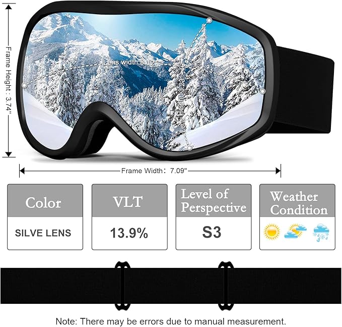 Ski Goggles OTG for Men Women, Anti-Fog Snowboard Goggles UV400 Protection Snow Goggles for Adult Youth