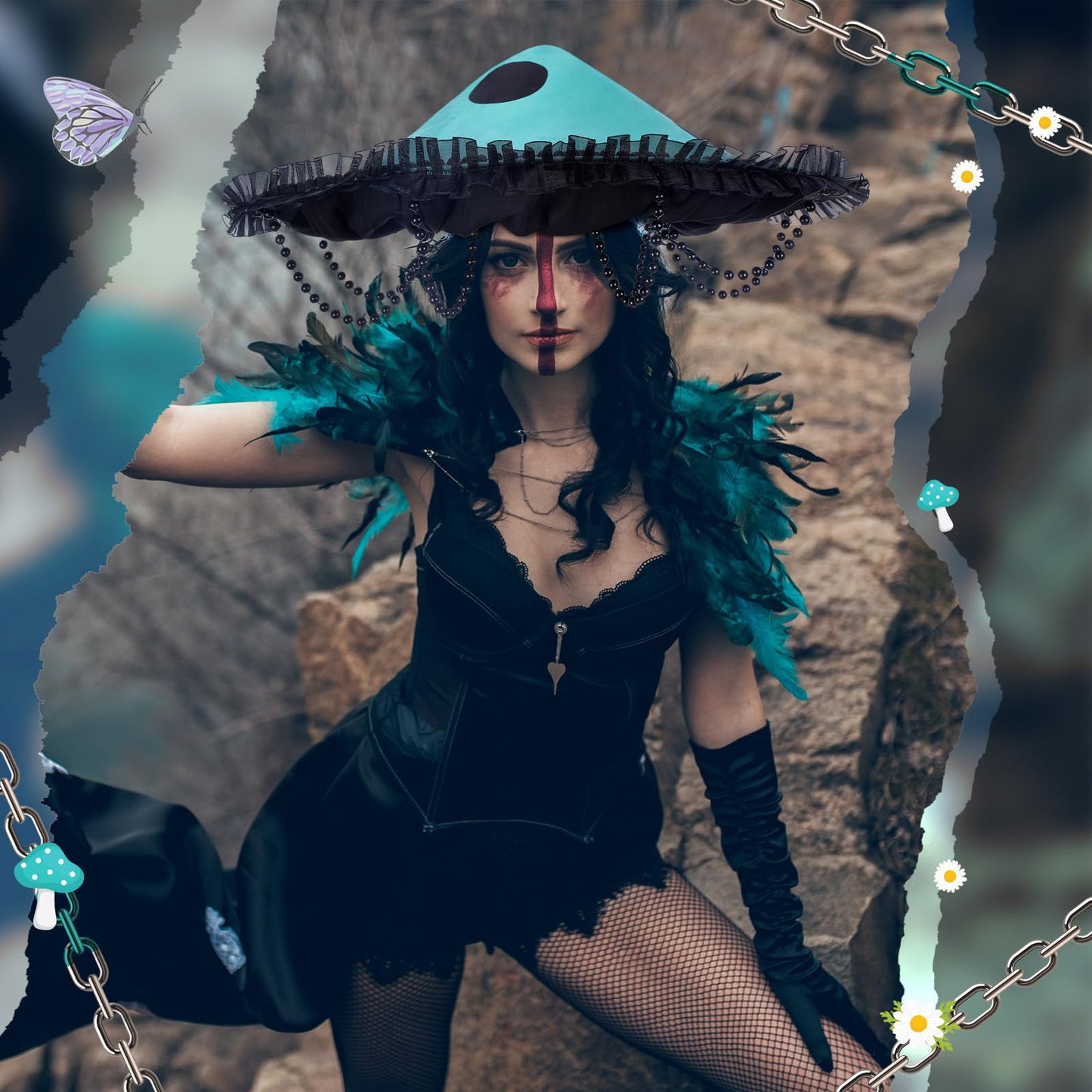 Croloose Mushroom Hat Renaissance Medieval Costume Cosplay Halloween Victorian Fairy Accessories with Bead Lace Brim Cap (Green and Black)