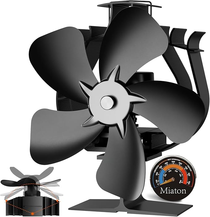 Miaton Oscillating Wood Stove Fan Heat Powered With High Air Volume | 5 Blade Fireplace Fan with Stove Thermometer | Non-e...