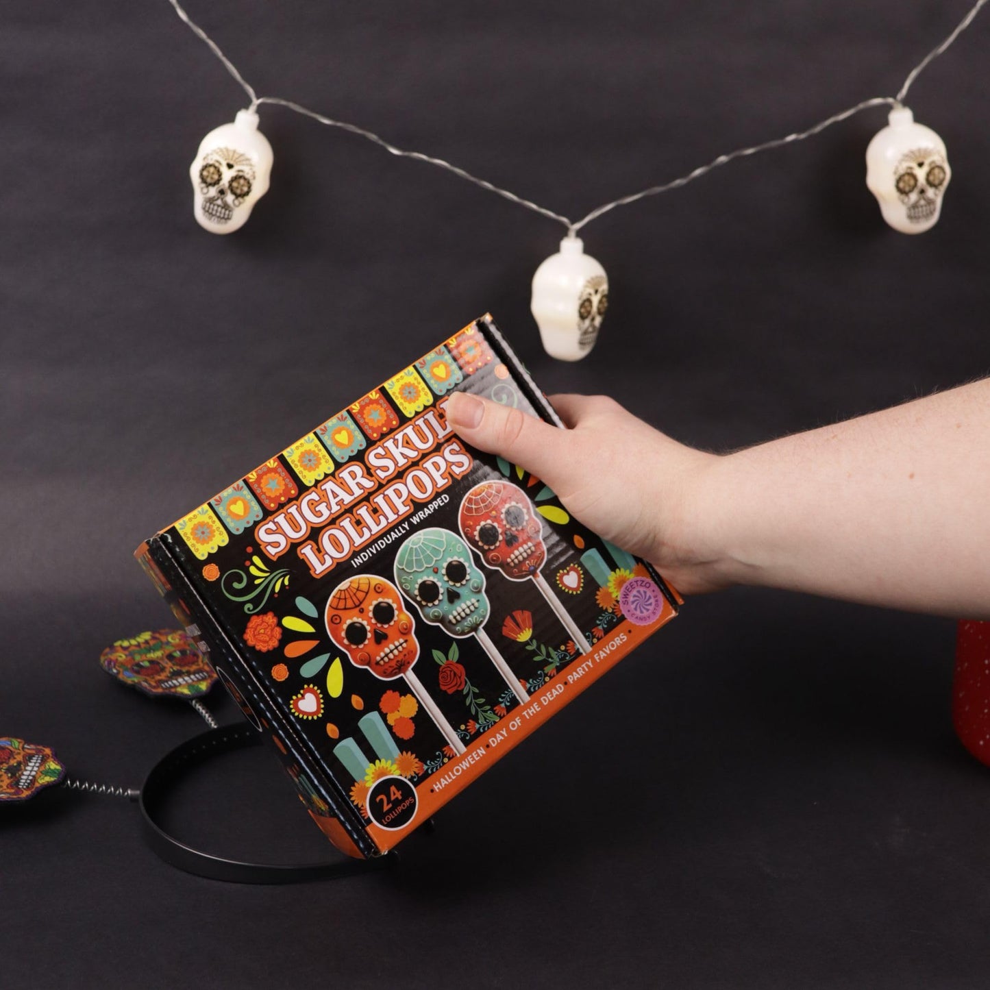 Sweetzo Halloween Sugar Skull Candy Lollipops, Individually Wrapped Dia De Los Muertos Suckers, Strawberry, Orange and Blueberry Flavored (24 Pieces)