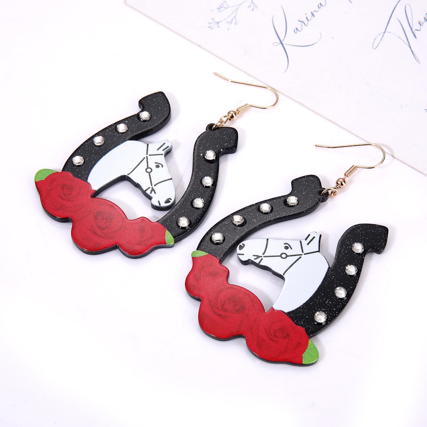 Kentucky Derby Race Horse for Women Glitter Acrylic Rhinestone Horseshoe Rose Drop Dangle Earrings Jewelry Gift for Horse Racing