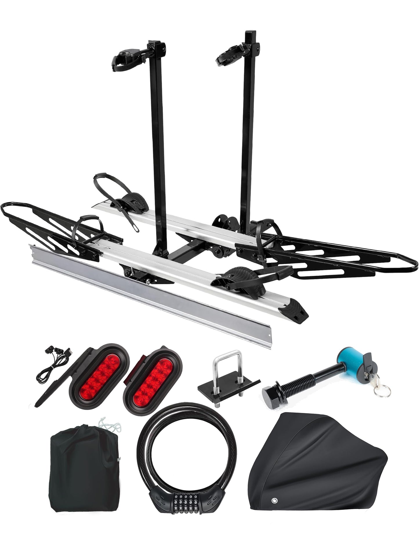 RokRack X Foldable 2 Ebike Rack with Ramp, 200 lbs Capacity Electric Bike Platform Mount, Hitch Bike Rack for Car SUV with Brake Light, Hitch Stabilizer, Lock Pin, Rain Cover & Lock
