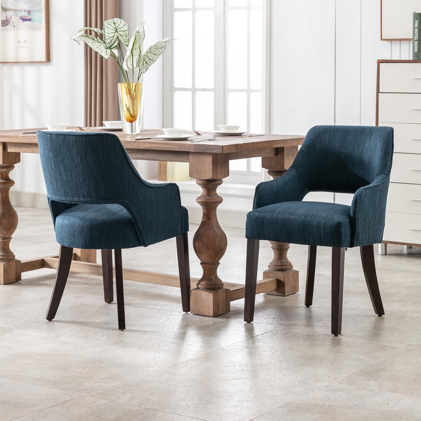 LZAREAL Modern Dining Chairs Set of 2 Upholstered Linen Accent Side Chair with Mid Open Back & Wood Legs, Arm Chair for Home Kitchen and Restaurant, Linen Blue