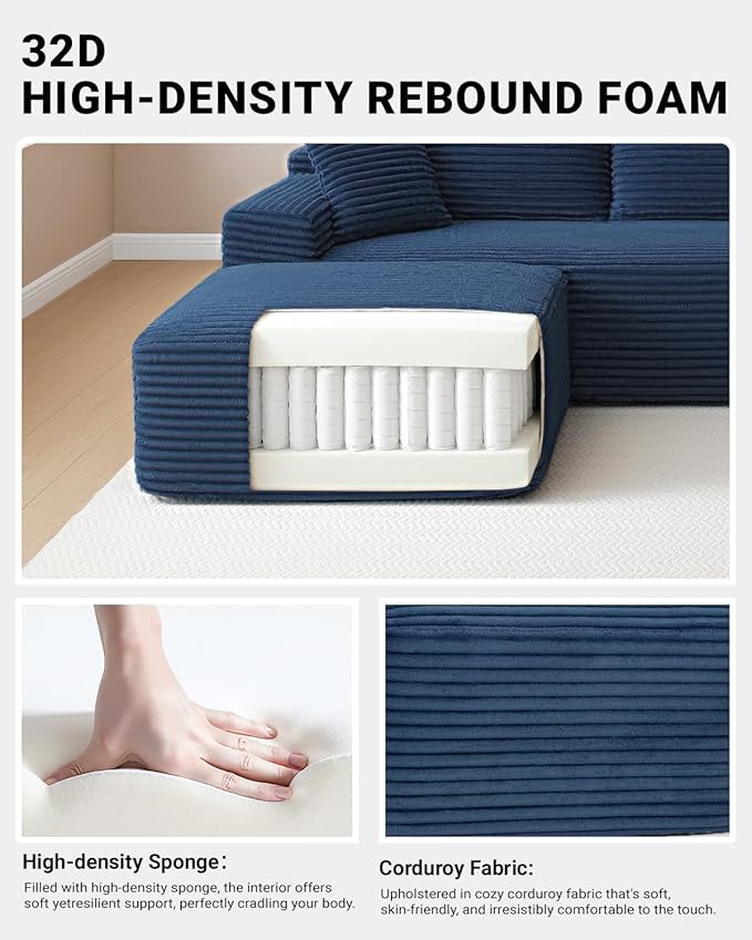 108" Cloud Sectional Couch,Modern Modular Sectional Sofa with Deep Seat,Corduroy Boneless Couches with L-Shape Chaise for Living Room,No Assembly Required (Blue, Right Facing Chaise)