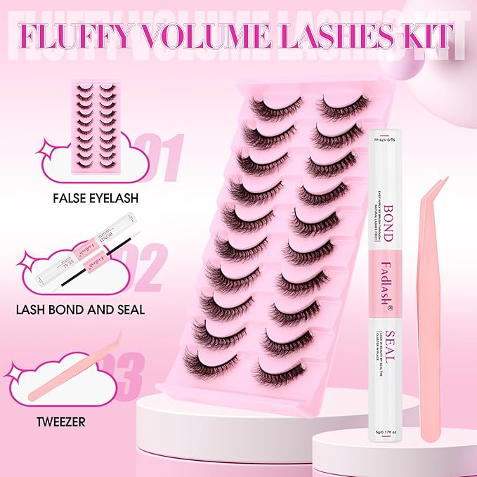 FADLASH False Eyelashes Kit 10 Pairs Cat Eye Lashes Mink Lashes Wispy with Lash Bond and Seal and Tweezer Fake Eyelashes Natural Look Handmade Eyelashes Fake Lashes Strips (XH03 Kit)