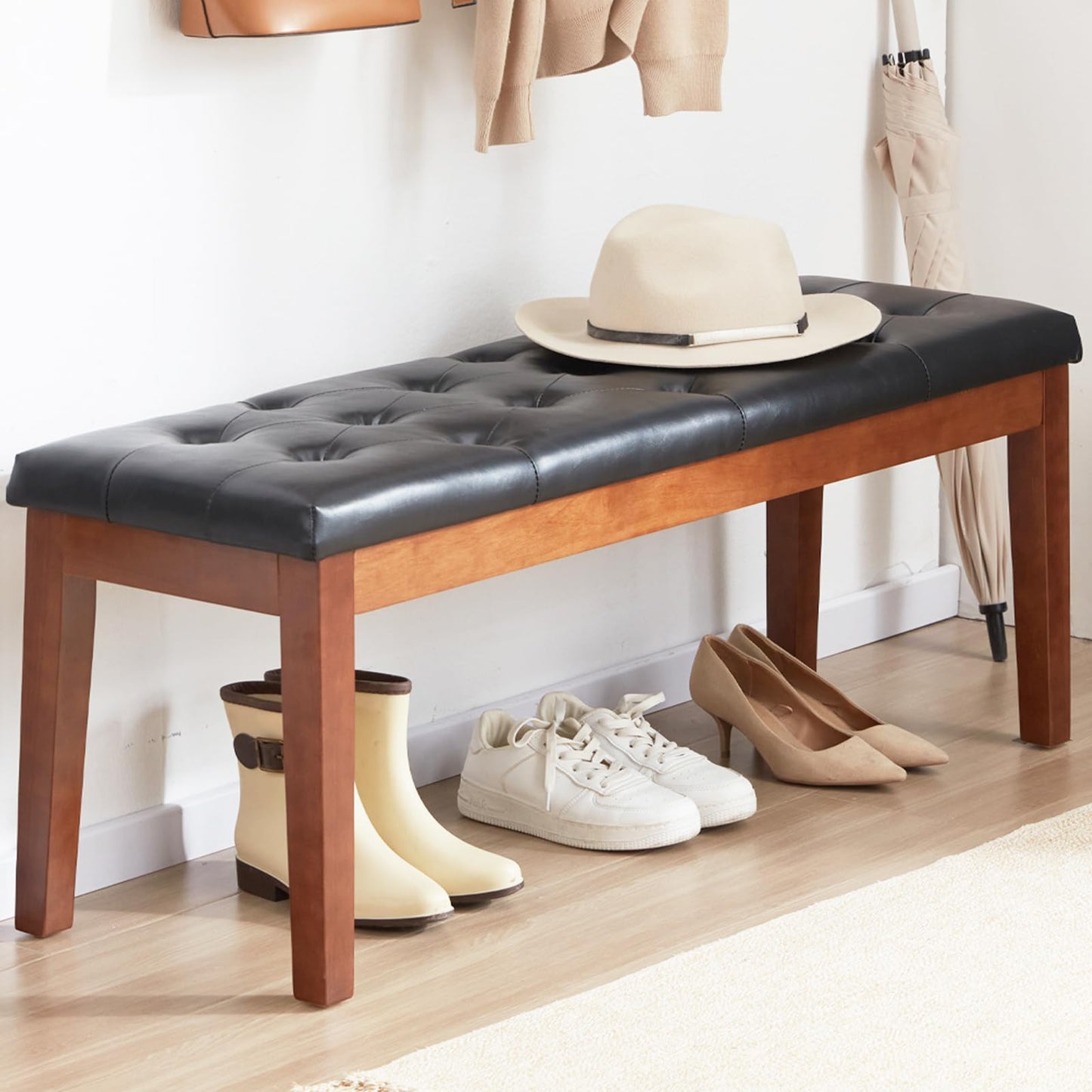 MILCIL Ottoman Bench Upholstered Padded Seat with Solid Wood Legs and Button-Tufted, Faux Leather Black