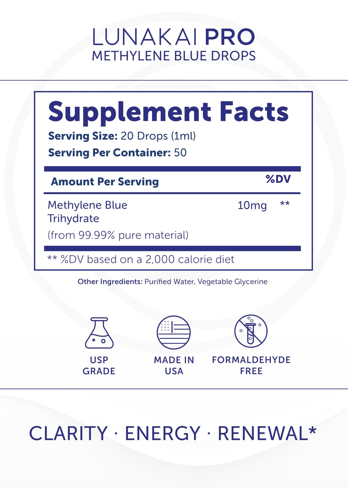 Lunakai PRO USA Manufactured Methylene Blue Pharmaceutical Grade – 99.99% Pure USP Grade 1% Methylene Blue Drops for Humans – Cognitive & Focus Support Supplement