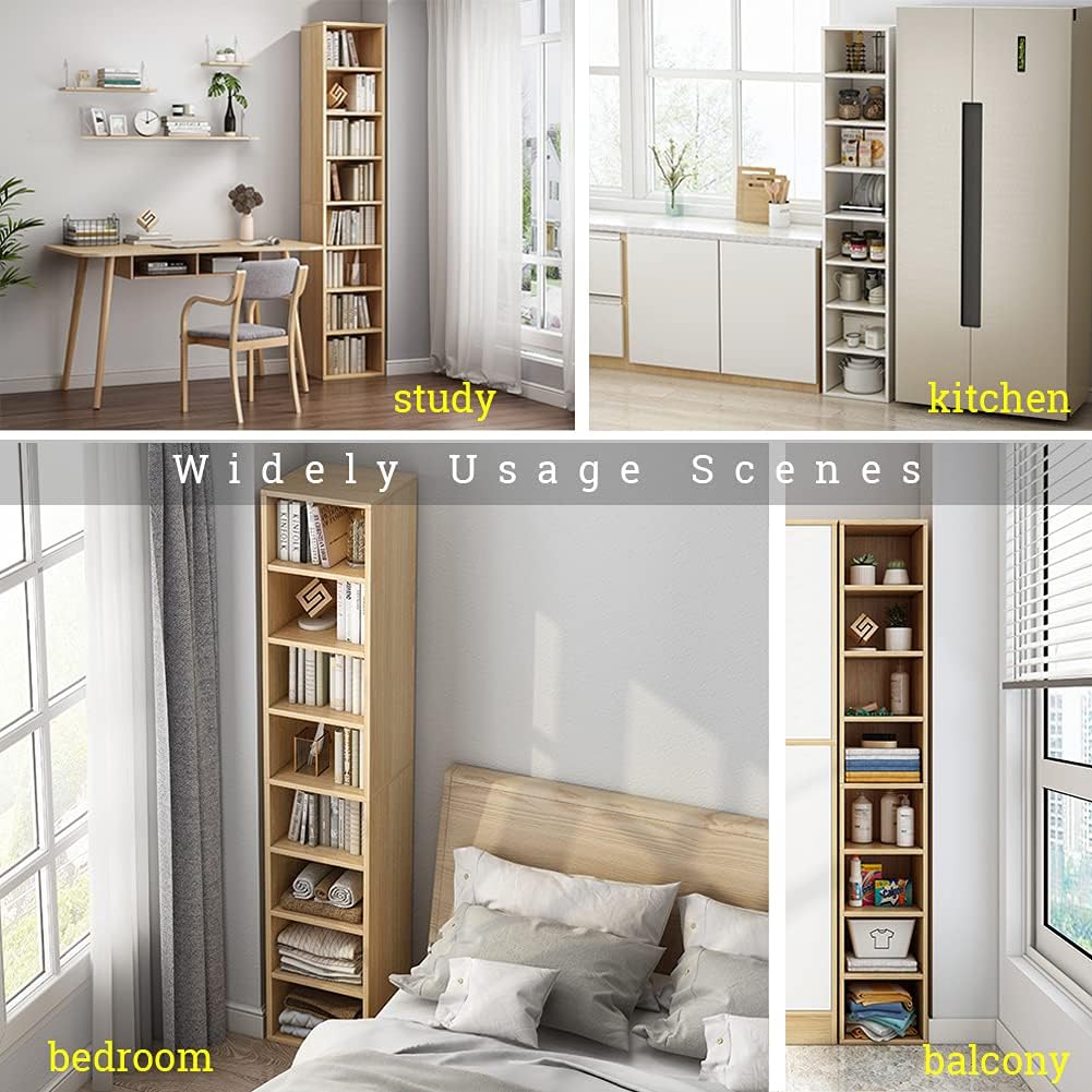 IOTXY Small Narrow Corner Bookcase - 71 Inches Tall Gap Freestanding Storage Cabinet, 7 Lattices Open Shelves Tower Rack with Door, Cubes Bookshelf in Oak