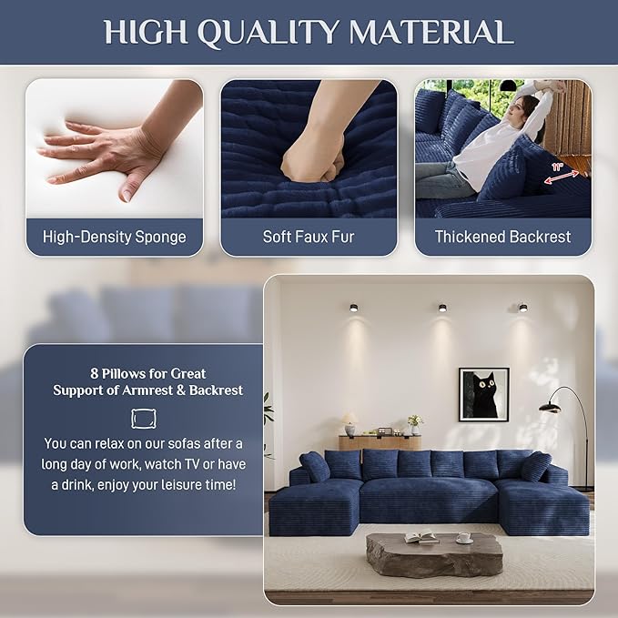 Modular Sectional Sofa, 130" U Shaped Cloud Couch Plush Corduroy Deep Seat Boneless Sofas with 8 Pillows Double Chaise Lounge Sectional Couches with Memory Foam for Living Room - Blue