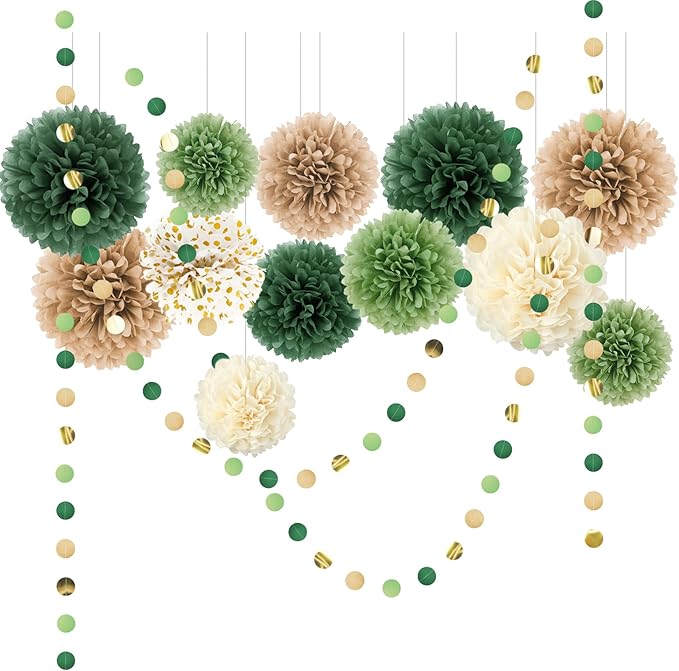 AOBKIAT Wedding Party Decorations Set,15PCS Green Tissue Paper Pom Poms,Dots Paper Garland String Hanging Backdrop for Eng...
