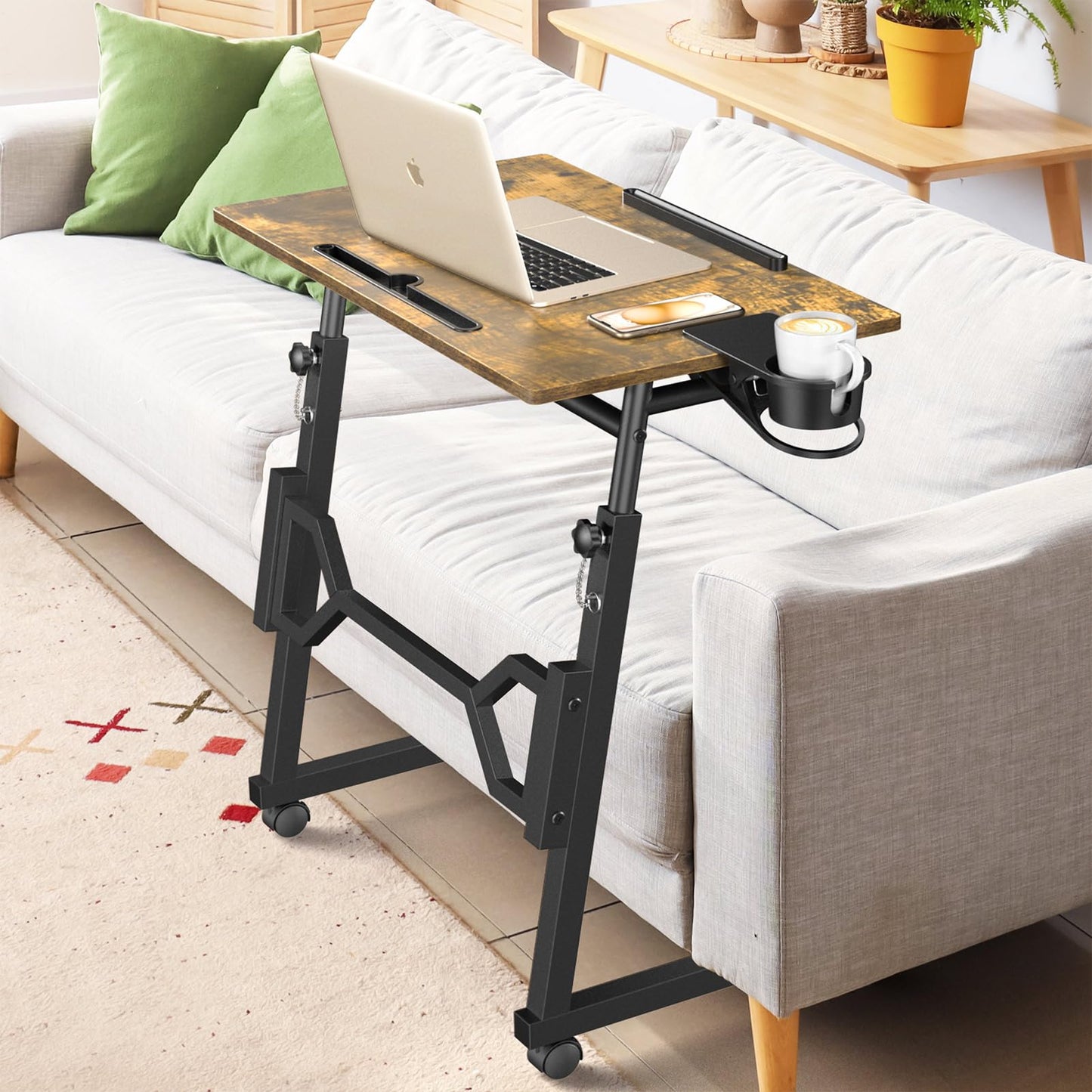 Enayplon Small Standing Desk with Wheels, Portable Treadmill Desk, Rolling Desk Adjustable Height for Laptop, Mobile Standing Table for Walking Pad, Bedside Table