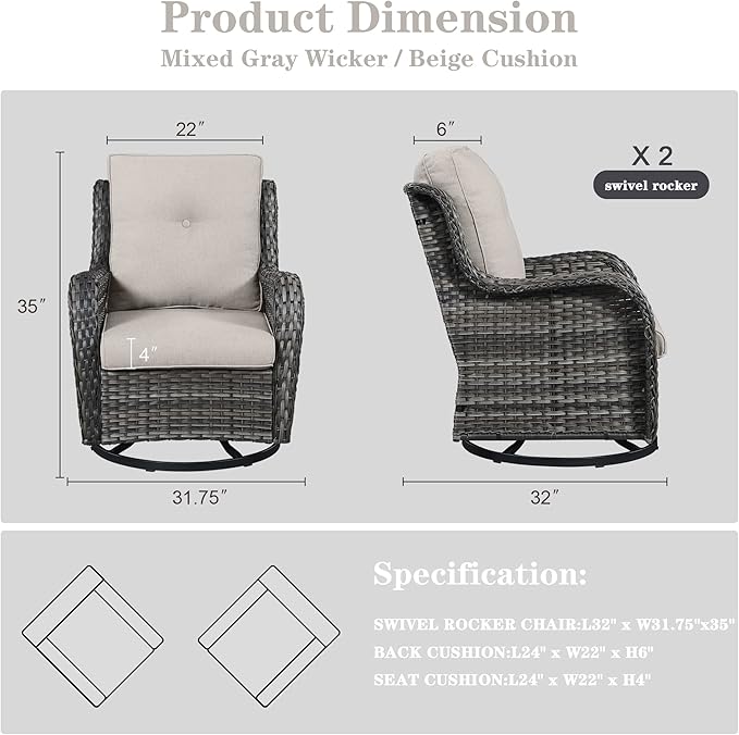 Belord Outdoor Swivel Rcoker Patio Chairs - Outdoor Swivel Patio Chairs Set of 2 Wicker Chair Patio Furniture Sets with Covered Cushion for Porch Deck Balcony Garden, Beige