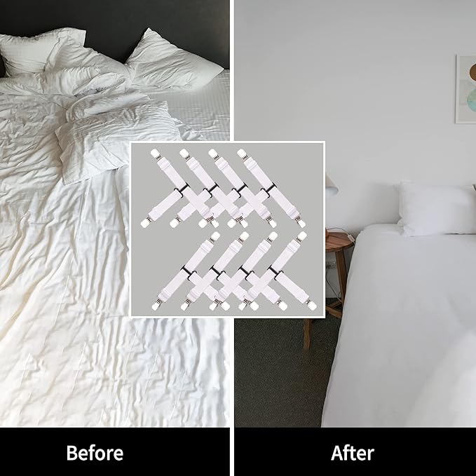 Upgrade Bed Sheet Straps 8 PCS Heavy Duty Bed Sheet Holder for Corners Fitted Sheet Clips Sheet Suspenders White