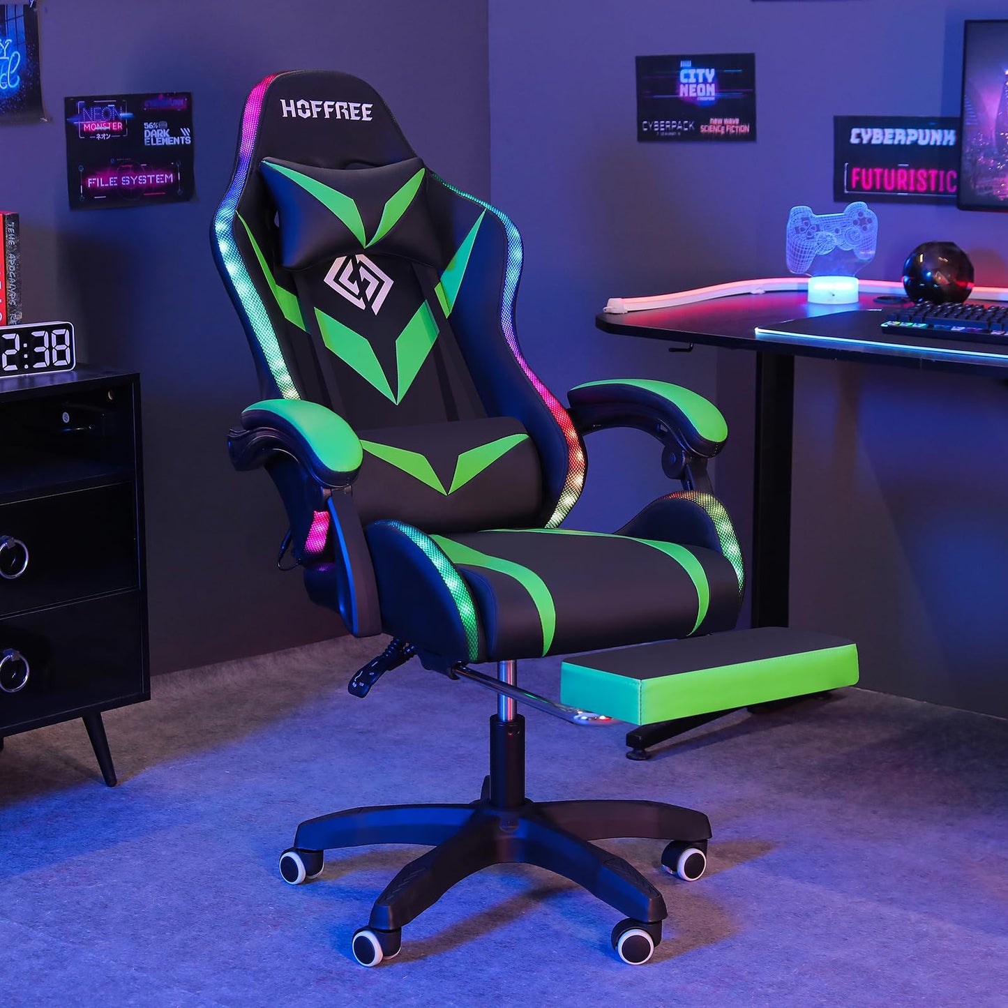 RGB Gaming Chair with LED Lights and Massage Ergonomic Computer Chair with Footrest High Back Video Game Chair with Adjustable Lumbar Support Linkage Armrest Green and Black
