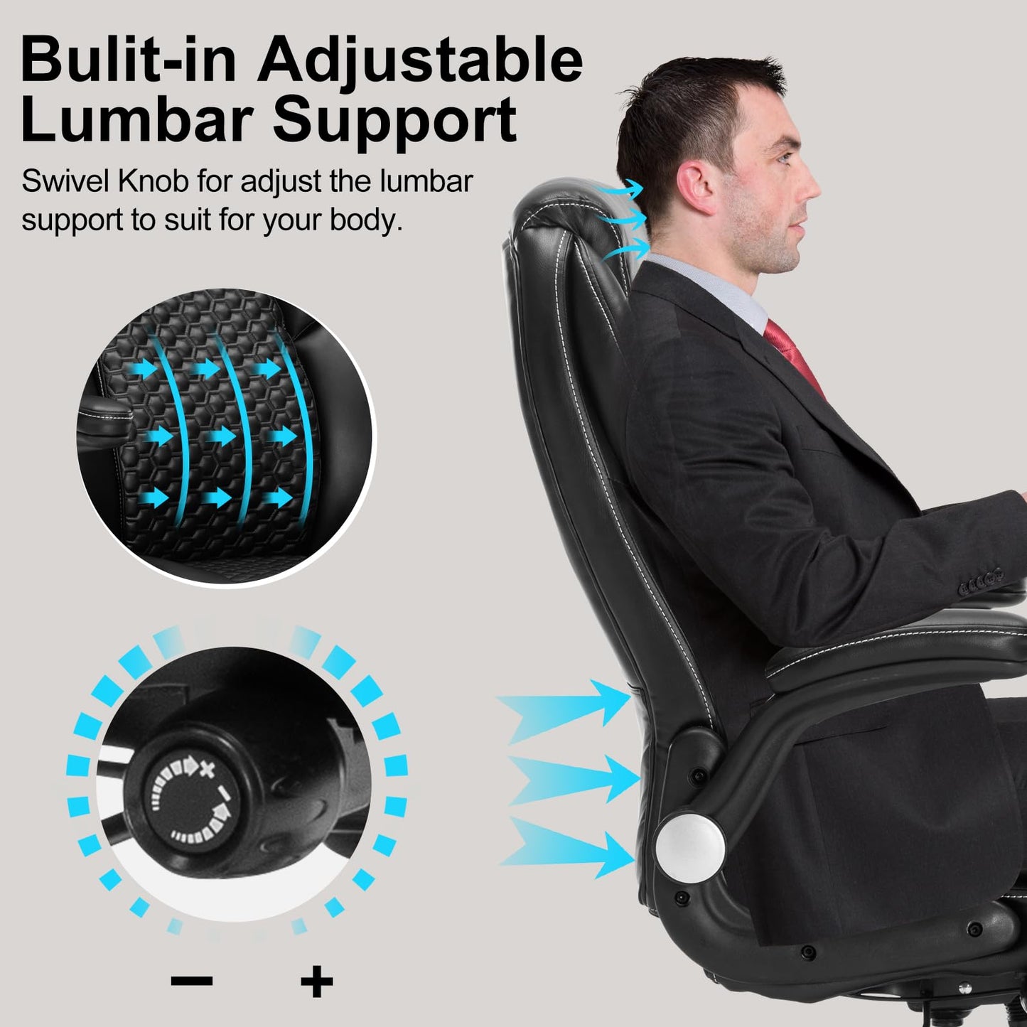 Big and Tall Ergonomic Office Chair, Executive Office Chair with Flip-up Arms, PU Leather Computer Desk Chair, Adjustable Lumbar Support Heavy Duty Space Saving Task Chair