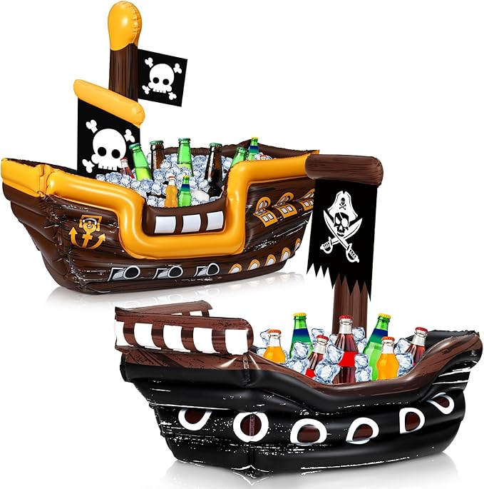 Zhanmai 2 Pcs Inflatable Pirate Ship Drink Cooler Inflatable Serving Bar Food Container for Summer Carniva Mardi Gras Pira...