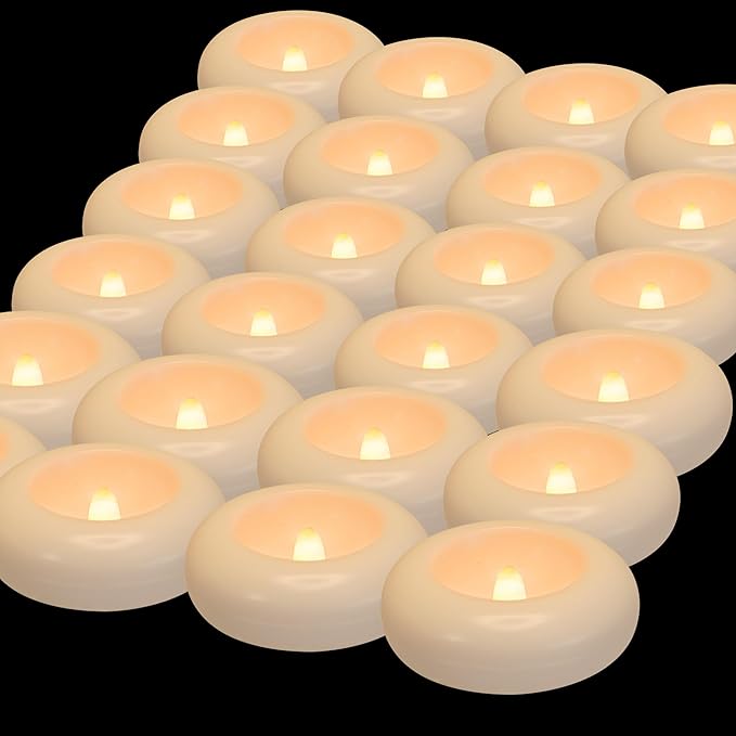 Aignis 24 Flameless LED Floating Candles, 3-Inch Plastic Battery Operated Tealights, Glow Time Over 120 Hours, Cozy Romant...