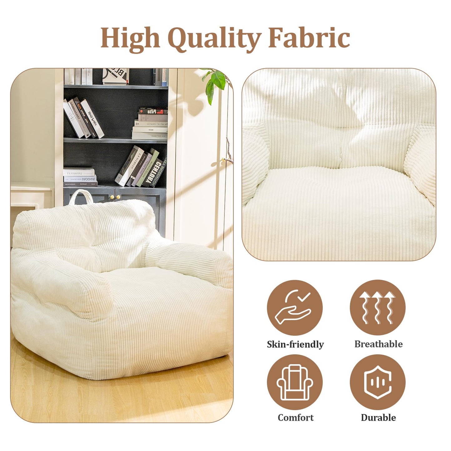 Stmoze Bean Bag Chair for Adults - Faux Fur, Fluffy and Comfy with Filler, Big Sofa for Reading, Gaming (Beige, Oversize)