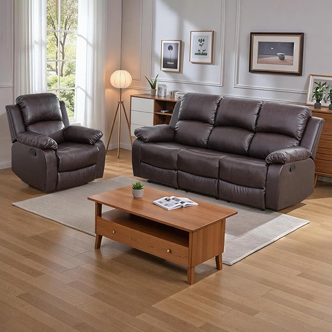 JBXBER Manual Recliner Sofa Set for Living Room, Leather Reclining Sofa Sets, Faux Leather Couch Set with Cup Holders, Drop-Down Table and Storage Console(Sofa and Chair,Brown)