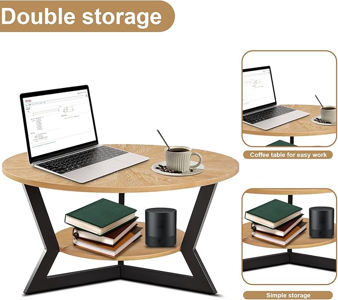 Gravilithic Round Wood Coffee Table for Living Room, 2-Tier Rustic Circle Coffee Table with Storage, 35”x 17” Real Wood Desktop with Metal Frame, Radial Pattern