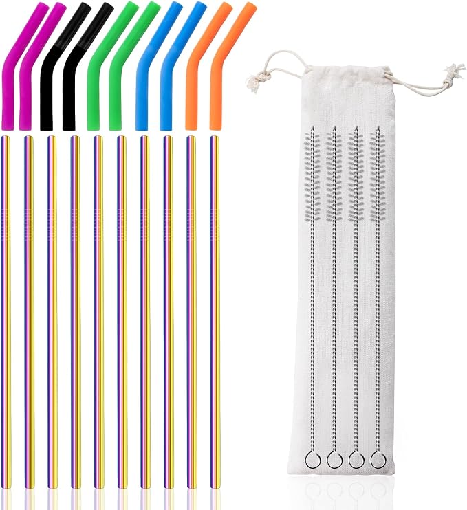 Lazycorner 10 Pcs Metal Straw Reusable 8.5" 6mm Stainless Steel Straws,20oz-32oz, Colorful Drinking Straws with Silicone Tips, 4 Straw Cleaner Brush, 1 Travel Case