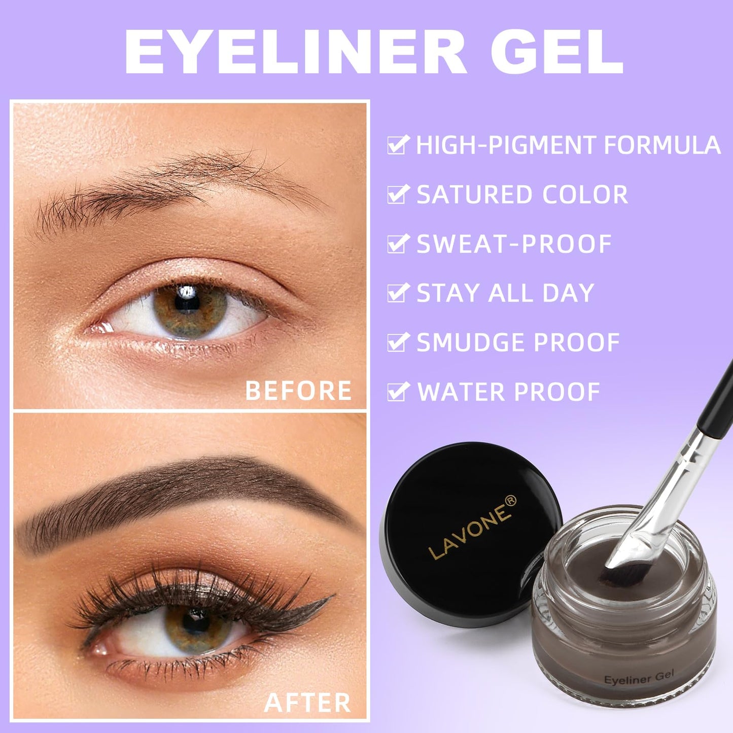 LAVONE Eyeliner Set - Waterproof Makeup Kit with Liquid eyeliner Pencil, Gel Eyeliner & Angled Eye liner Brush, Waterproof, Smud