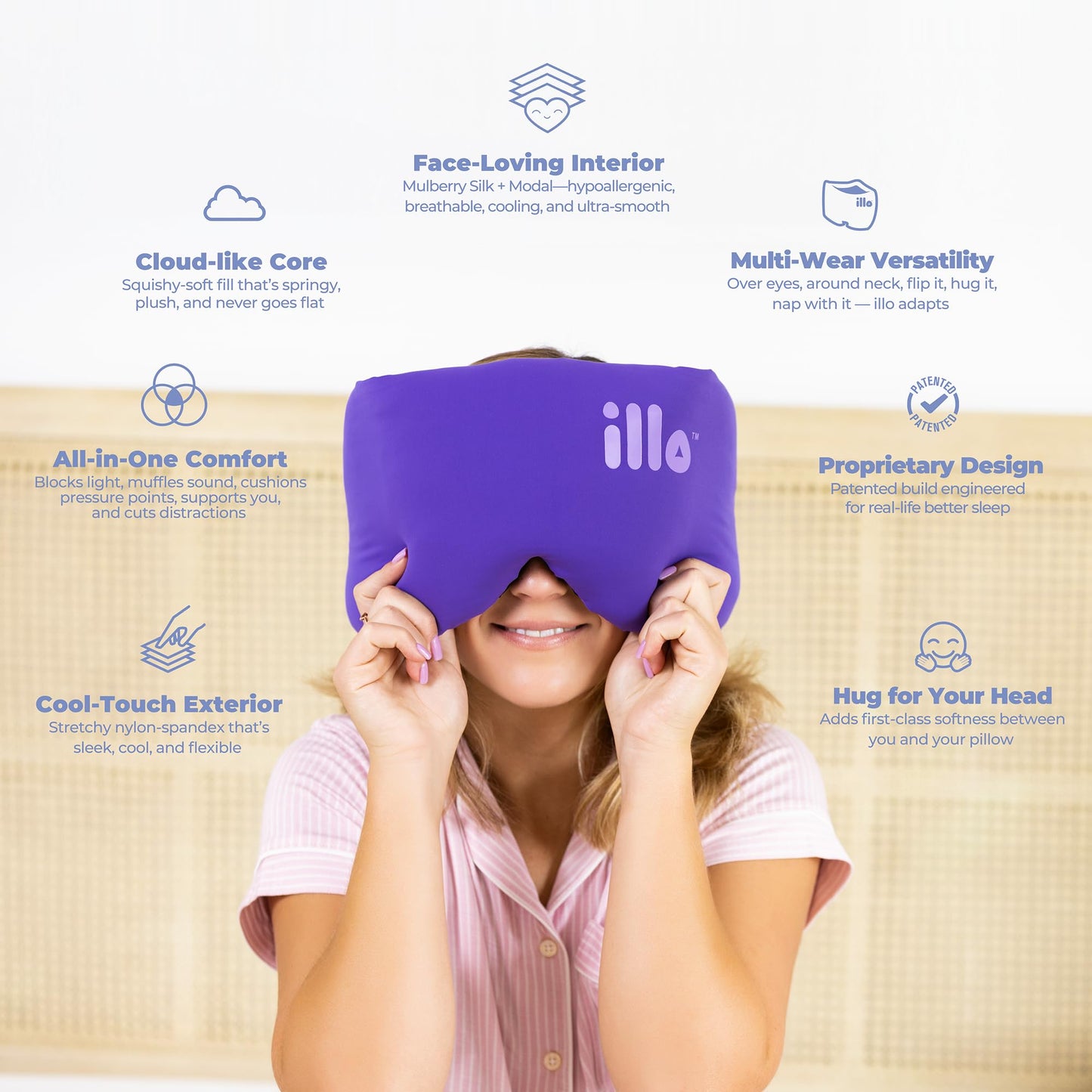 illo Wearable Pillow Sleep Mask | Soft Mulberry Silk Blackout Sleeping & Napping Eye Mask | Best for Home Bed, Work, Camping, Airplane, Side Sleeper | Reversible as Travel Neck Pillow | Women & Men