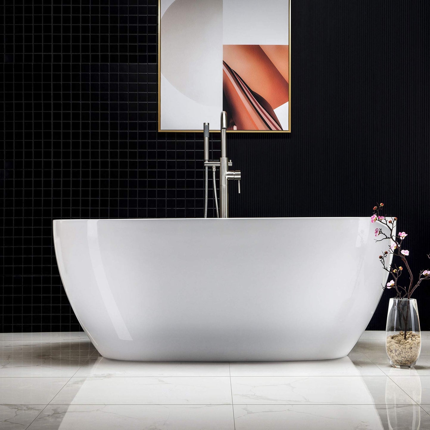 WOODBRIDGE 59"Freestanding White Acylic Soaking Bathtub with Brushed Nickel Drain and Overflow,BTA1518 -B/N-Drain &O